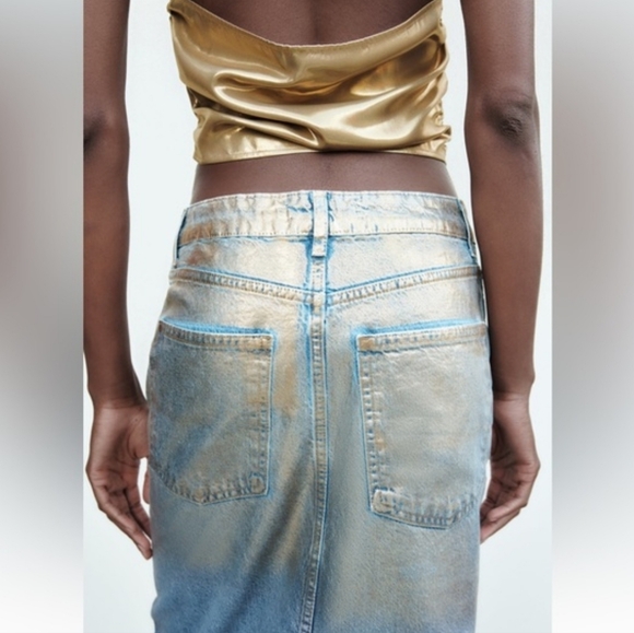 ☆ Zara Z1975 High Rise Gold Metallic Denim Midi Skirt Size Small - Picture 10 of 10